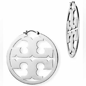 Tory Burch Large Silver Miller Logo Hoop Earrings